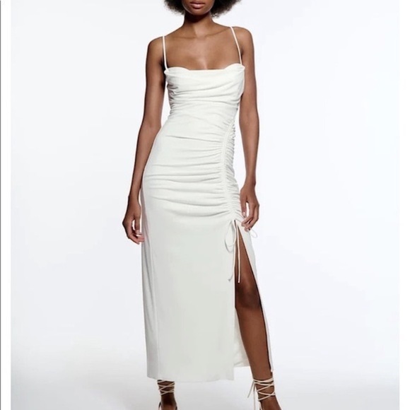 Zara White Asymmetrical Ruched Dress - Picture 13 of 13